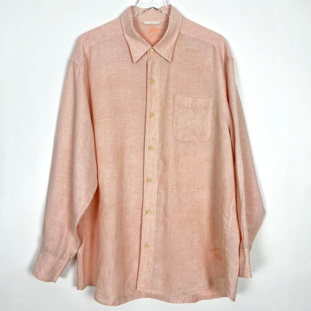 Tommy Bahama Shirt Mens XL Peach 100% Linen Button Front Long Sleeve Beachy